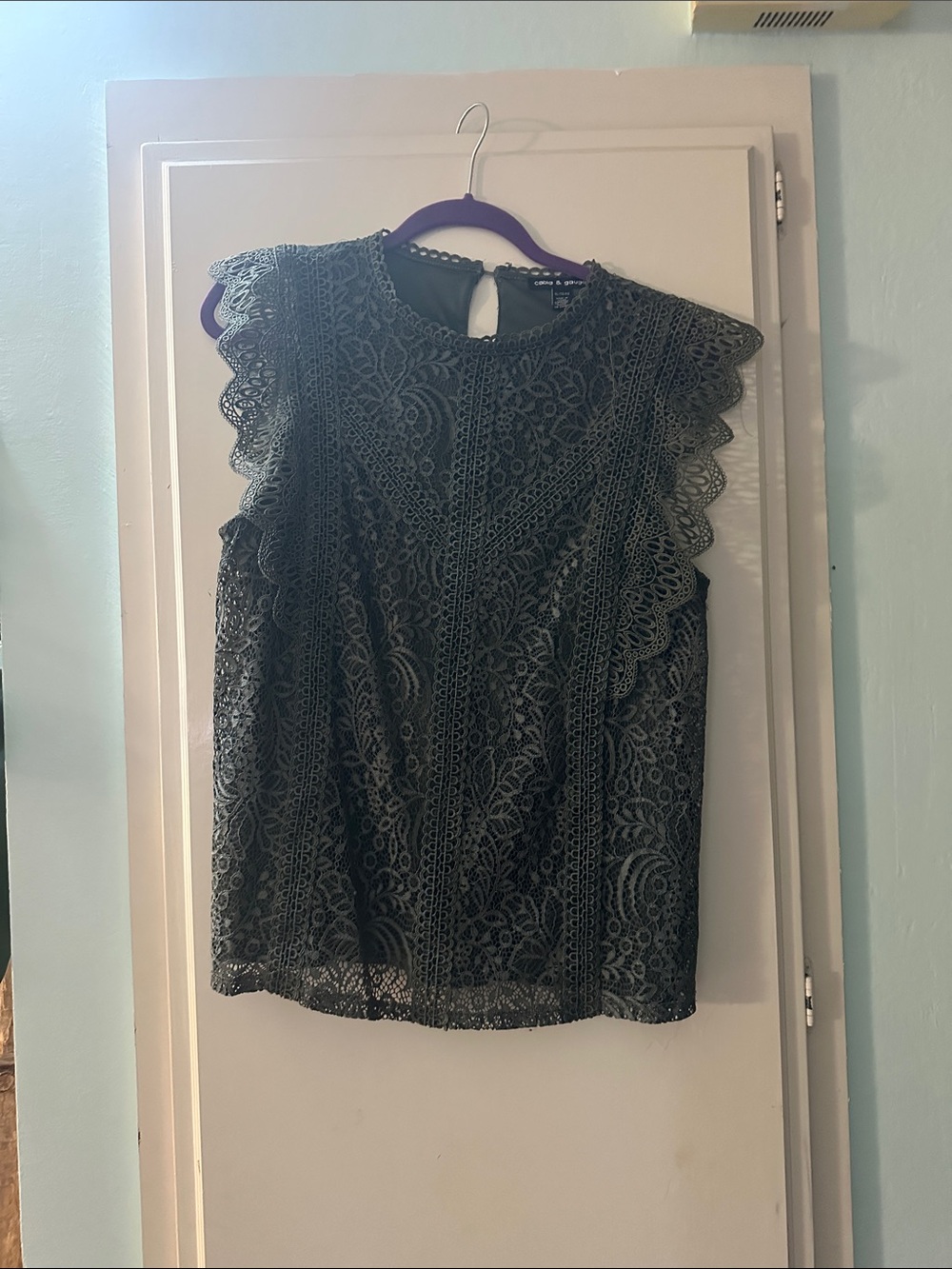 Cable & Gauge Olive Green  Lace Flutter Sleeve Blouse